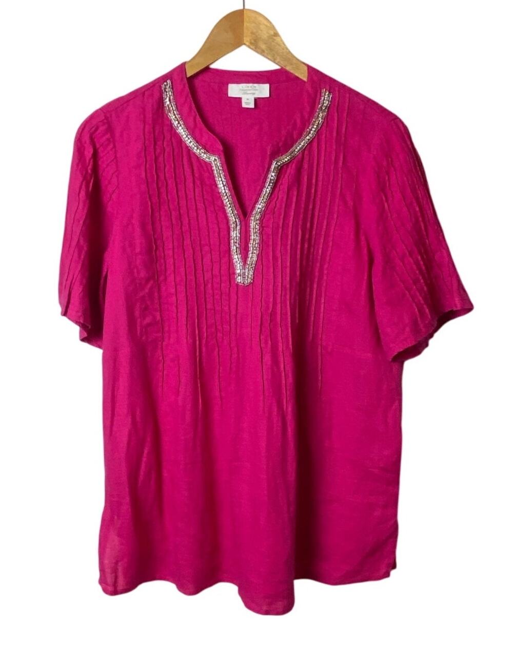Charter Club Luxury Magenta Linen Beaded Neckline Pintuck Blouse Size Medium